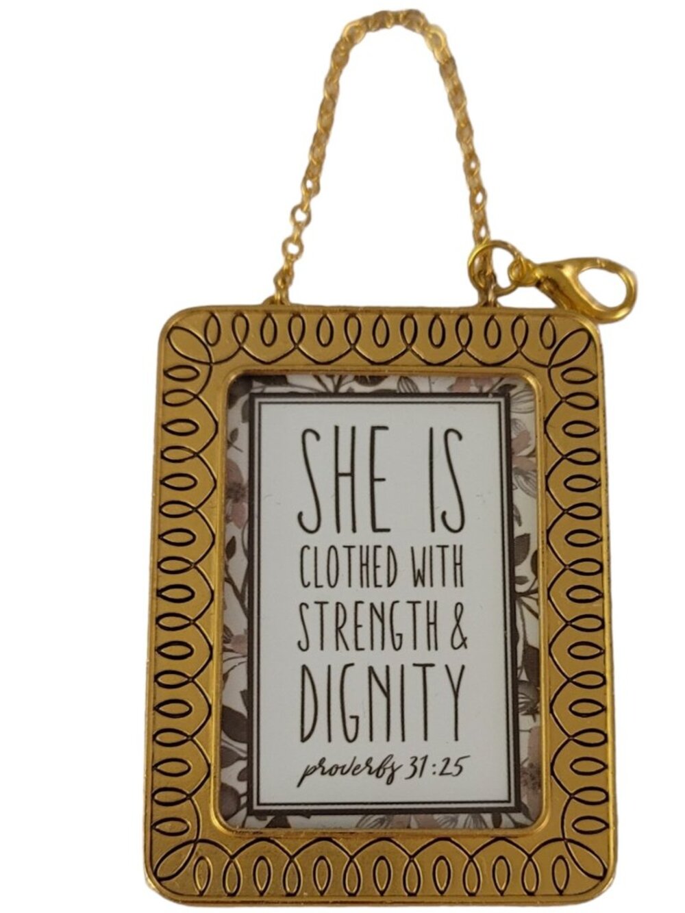 Gold Tone Mini Photo Frame She is Clothed With Dignity Pendant Charm K543